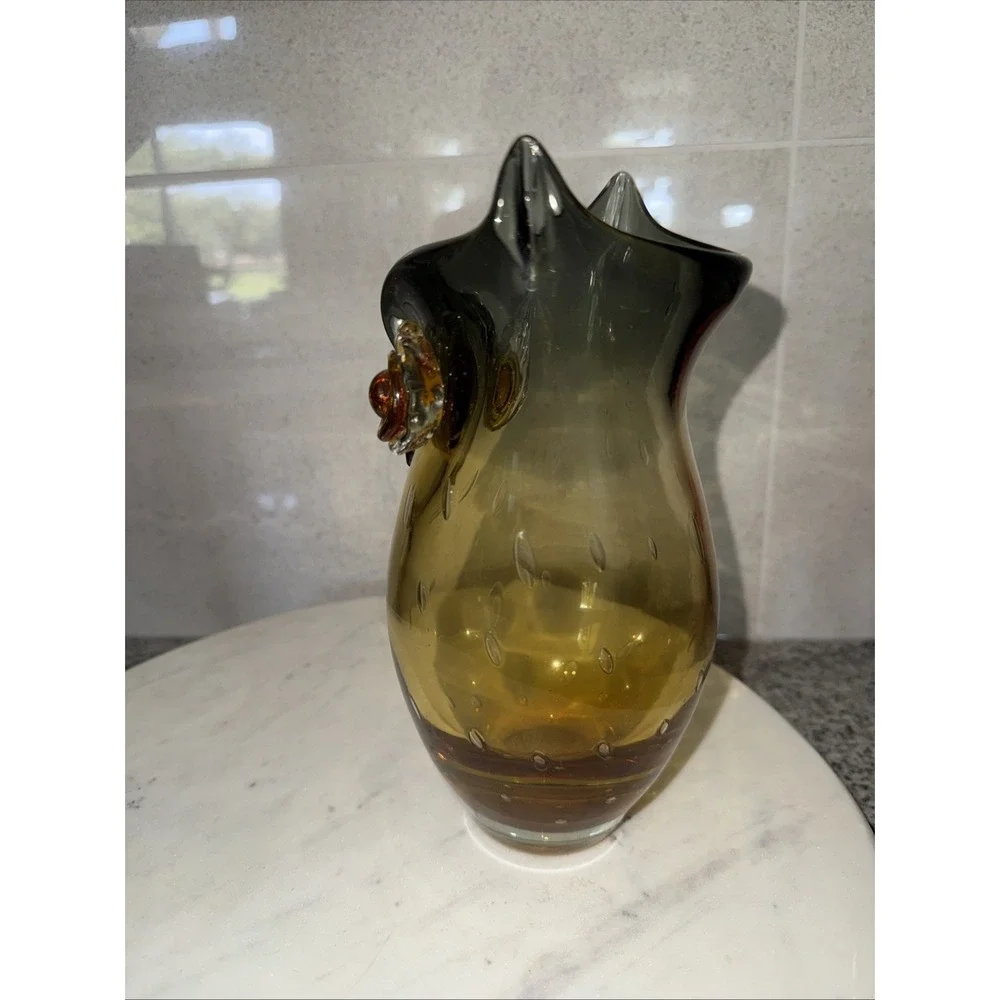 MOUTH BLOWN Amber Gray Vase OWL Shape LARGE 9